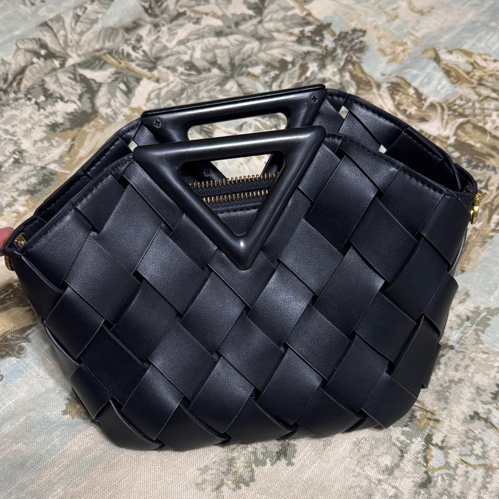 Anthropologie Small Black Basket Weave Leather Bag with Strap